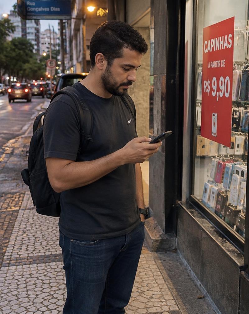 Homem na calçada olhando o celular em frente a uma vitrine com promoção