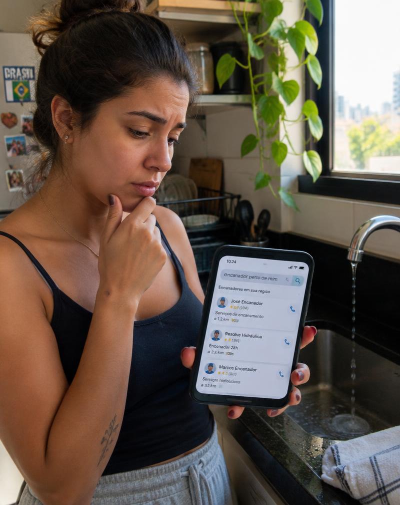 Mulher em casa procurando um encanador pelo celular